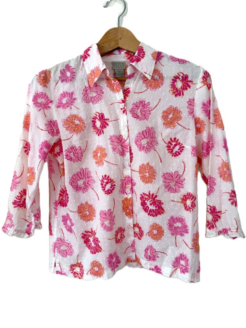 Sigrid Olsen Sport Floral Swiss Dot Cotton Blouse PS Y2K 2000s